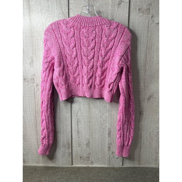Kendall & Kylie Womens S Pink Cable Knit Cropped Cardigan Sweater Cotton Blend - Picture 2 of 7